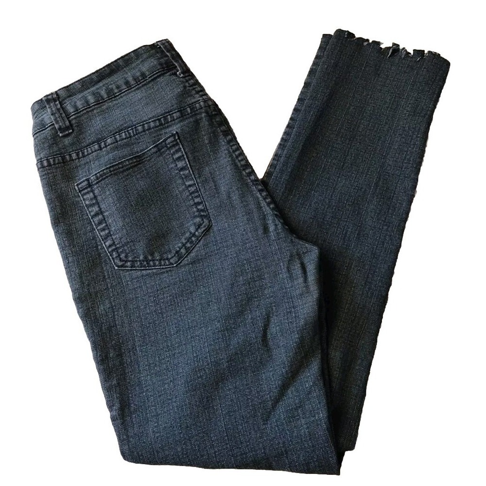 Y&F Jeans Woman 9/10‎ Black Denim Dark Mid Rise Wash Stretch Cut Off hem